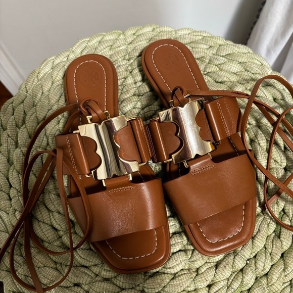 NWOB Tory Burch Gemini Link Lace Up Wrap Flat Royal Tan/Gold Leather Sandals - Picture 9 of 12